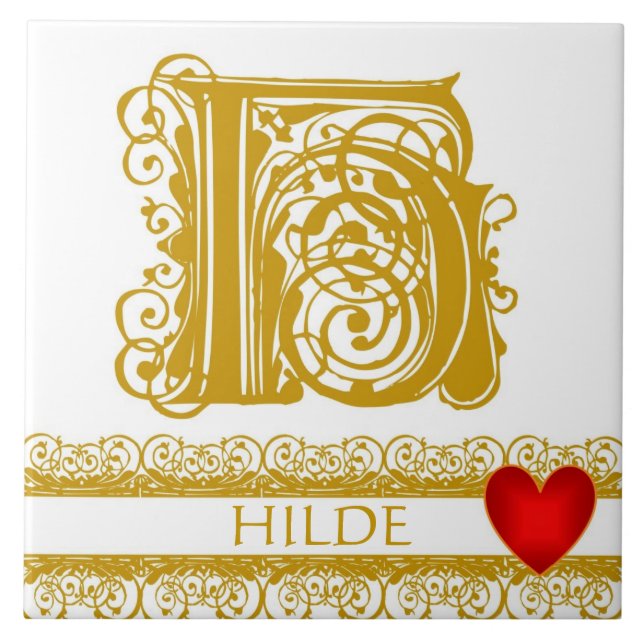 H Monogram Name Gold Lace Red Heart Template Tile (Front)