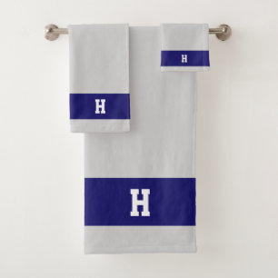 H Monogram on Light Grey & Blue Bath Towel Set