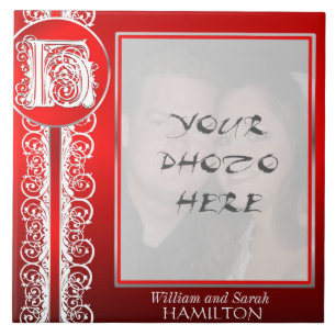 H Monogram "White Lace on Red" with Photo - Tile