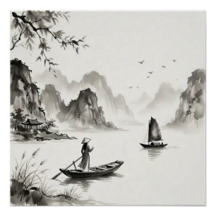 Ha Long Bay Vietnam Ink Wash Landscape Poster
