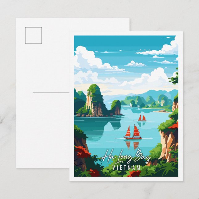 Ha Long Bay Vietnam vintage travel illustration Postcard (Front/Back)