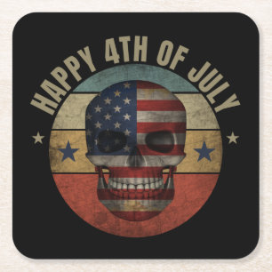 HAAPY 4TH OF JULY SKULL PATRIOTIC GIFT SQUARE PAPER COASTER