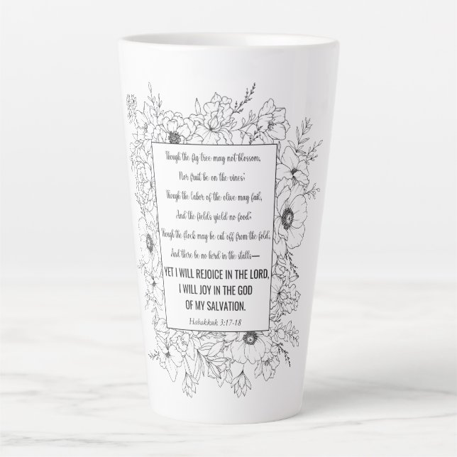 Habakkuk 3:17-18 Bible Verse Floral Line Art Latte Mug (Front)
