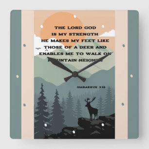 Habakkuk 3:19 Bible Verse Deer on Mountain Square Wall Clock