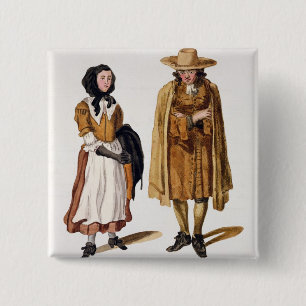 Habits of Quakers, 1675 (coloured engraving) 15 Cm Square Badge