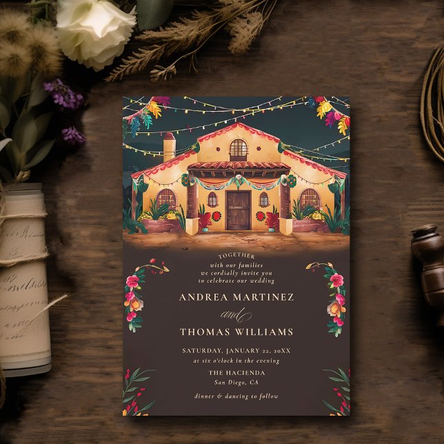 Hacienda Mexican Rustic Elegant Fiesta Wedding Invitation (rancho mexican wedding invitation fiesta hacienda watercolor earthy brown elegant modern classy)