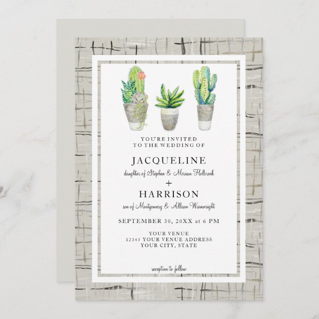 Hacienda Style Cactus Courtyard in Grey Wedding Invitation (Front/Back)