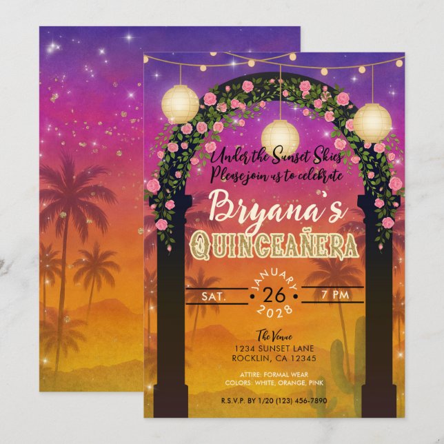 Hacienda Sunset Floral Arch 15th Quinceañera  Invitation (Front/Back)