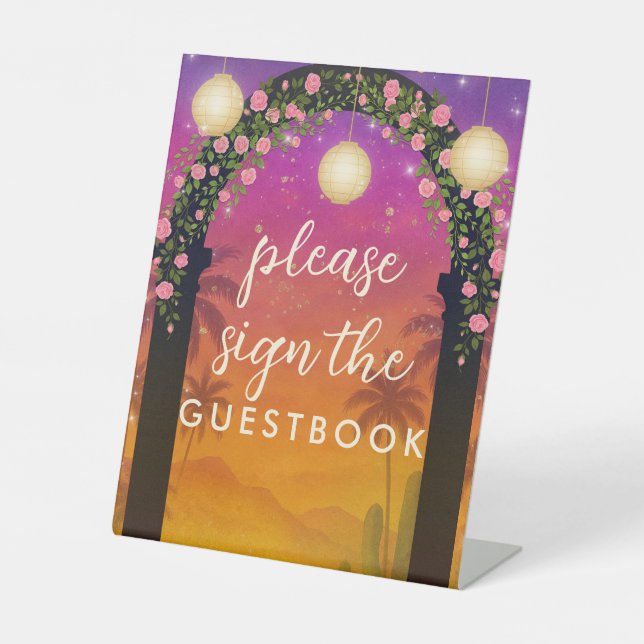 Hacienda Sunset Floral Arch Guestbook Table Sign (Front)