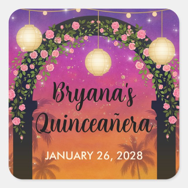 Hacienda Sunset Floral Arch Quinceañera  Square Sticker (Front)