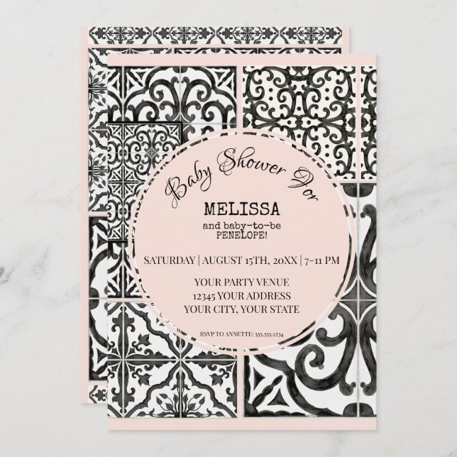 Hacienda Tile Black White Blush Modern Baby Shower Invitation (Front/Back)