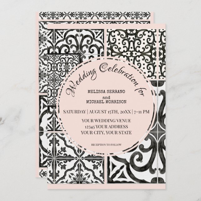 Hacienda Tile Black White  Blush Modern Wedding Invitation (Front/Back)