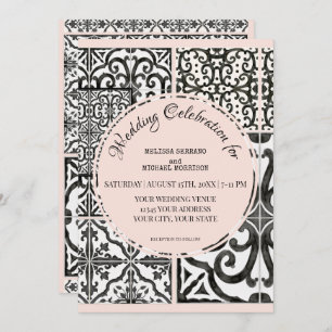 Hacienda Tile Black White Blush Modern Wedding Invitation