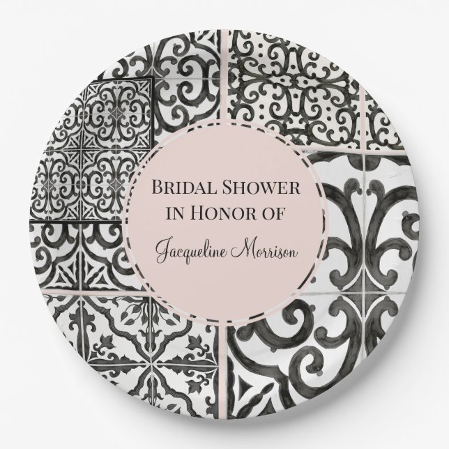 Hacienda Tile Pattern Black White Blush Bridal Paper Plate (Front)