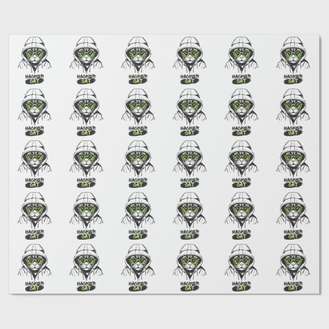 Hacker Cat Cyber Gamer Coder Funny Tech Wrapping Paper (Flat)