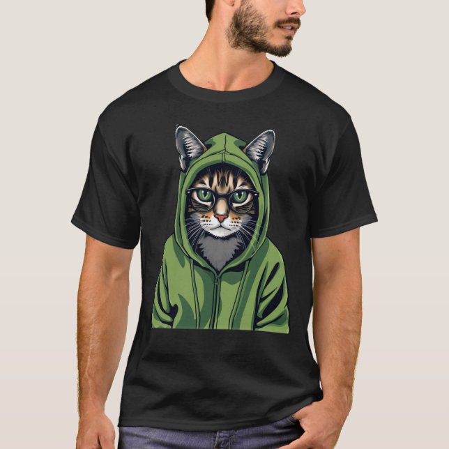 Hacker Cat in Green Hoodie T-Shirt (Front)
