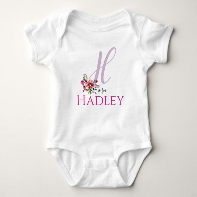 Hadley Name Reveal Floral Letter H Girl Whimsical Baby Bodysuit (Front)