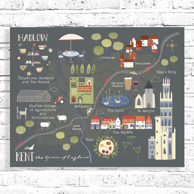 Hadlow, Kent Illustrated English Village Map Photo Print (Hadlow, Kent English village artist map poster)