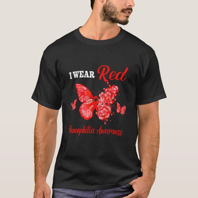 Haemophilia Awareness I Wear Red Butterfly T-Shirt (Front)