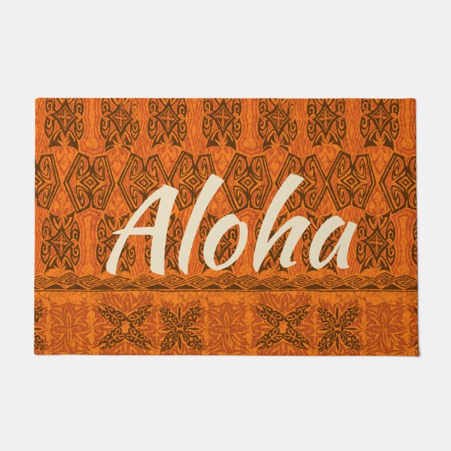 Haena Beach Hawaiian Primitive Tapa Aloha Orange Doormat (Front)