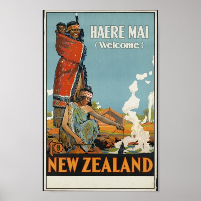 Haere Mai Welcome to New Zealand retro travel art Poster (Front)