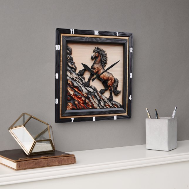 Haflinger Ascent: Black Brown Wood Custom Square Wall Clock (Office)