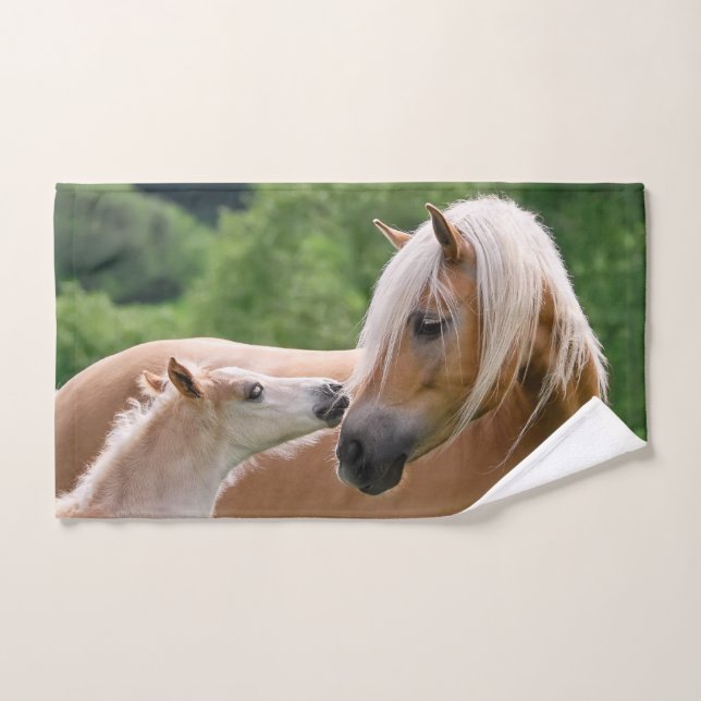 Haflinger Cute Horses Foal and Mum Cuddling Kiss . Bath Towel Set (Hand Towel)