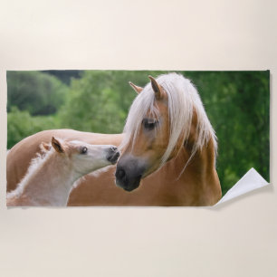 Haflinger Cute Horses Foal and Mum Cuddling Kiss , Beach Towel