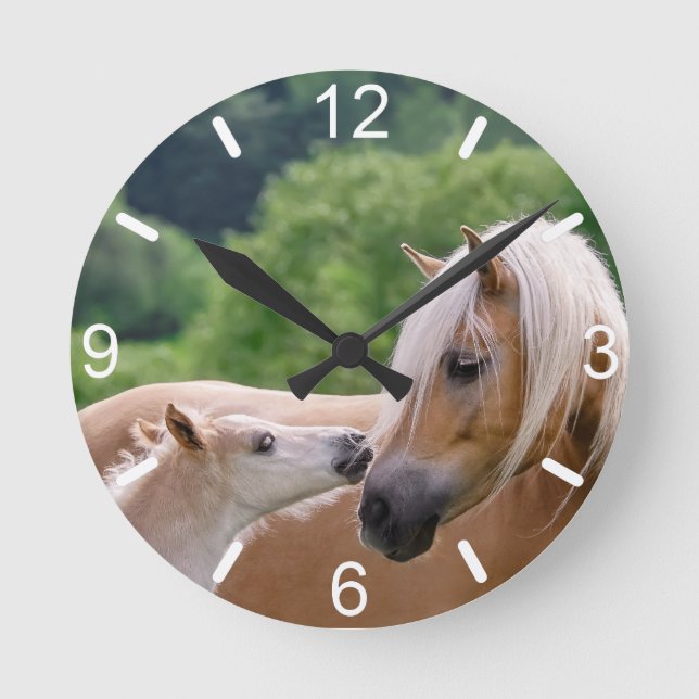 Haflinger Cute Horses Foal and Mum Cuddling Kiss - Round Clock (Front)