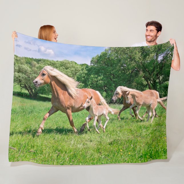 Haflinger Horses with Cute Foals Run Funny Photo - Fleece Blanket (In Situ)