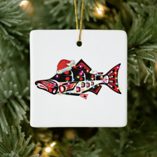 Haida Salmon Spirit Animal With Christmas Lights Ceramic Ornament