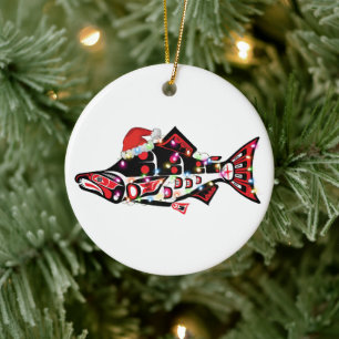 Haida Salmon Spirit Animal With Christmas Lights Ceramic Ornament