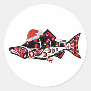 Haida Salmon Spirit Animal With Christmas Lights Classic Round Sticker
