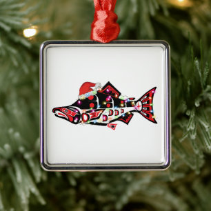Haida Salmon Spirit Animal With Christmas Lights Metal Ornament