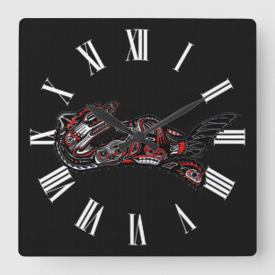 Haida-style Mother Otter and Baby Otter Native Art Square Wall Clock