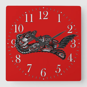 Haida-style Mother Otter and Baby Otter Native Art Square Wall Clock