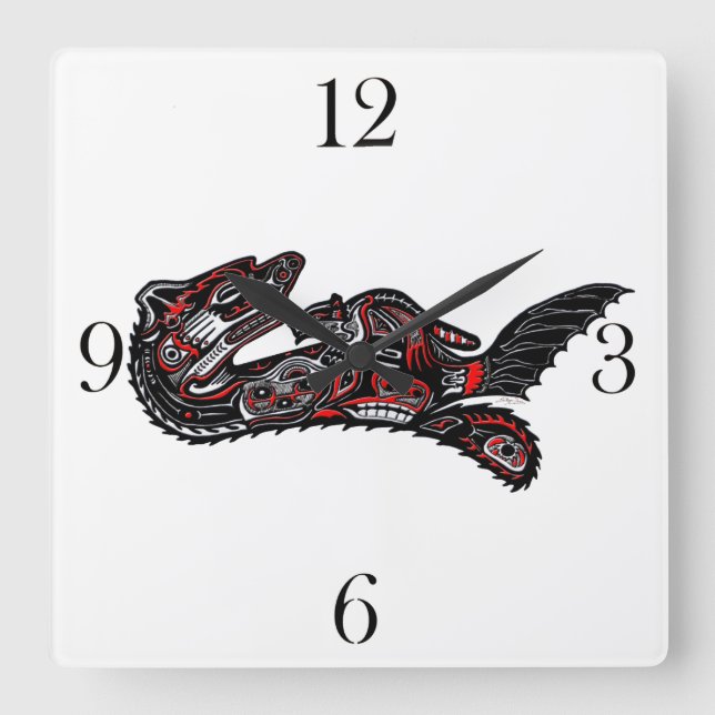Haida-style Mother Otter and Baby Otter Native Art Square Wall Clock (Front)