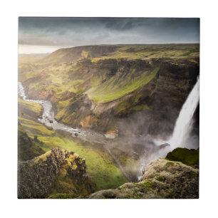 Haifoss Waterfall Summer in Iceland Ceramic Tile