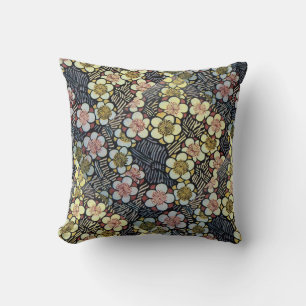 HAIKU/ BLACK WHITE PINK YELLOW SPRING FLOWERS  CUSHION