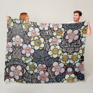 HAIKU/ BLACK WHITE PINK YELLOW SPRING FLOWERS FLEECE BLANKET