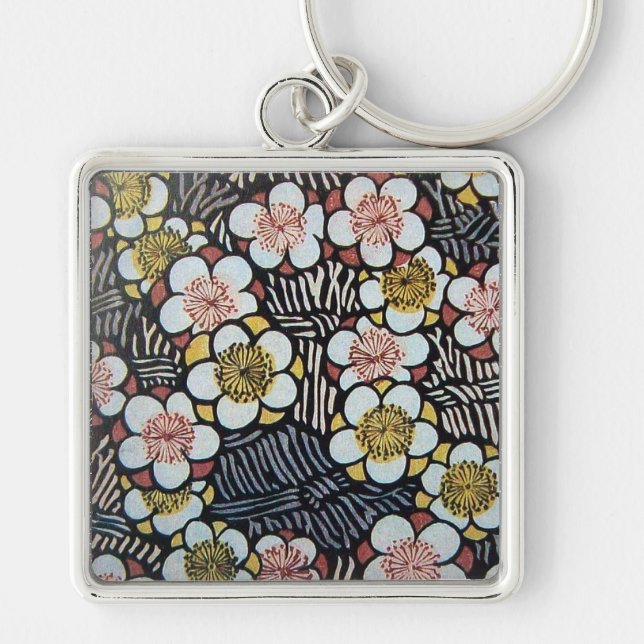 HAIKU/ BLACK WHITE PINK YELLOW SPRING FLOWERS KEY RING (Front)
