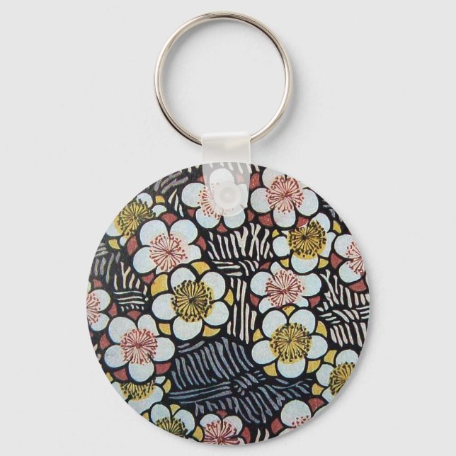 HAIKU/ BLACK WHITE PINK YELLOW SPRING FLOWERS KEY RING (Front)