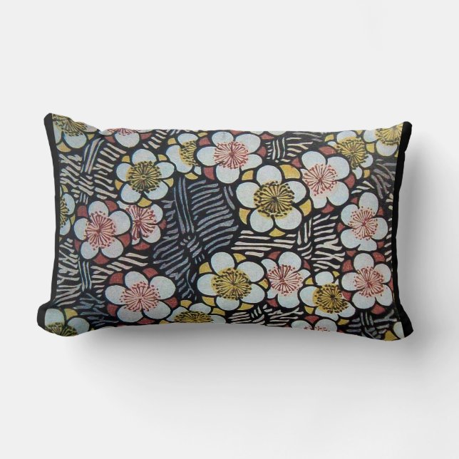 HAIKU/ BLACK WHITE PINK YELLOW SPRING FLOWERS LUMBAR CUSHION (Front)