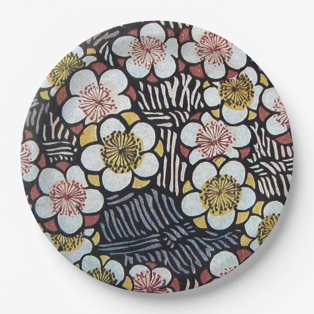 HAIKU/ BLACK WHITE PINK YELLOW SPRING FLOWERS   PAPER PLATE (Front)