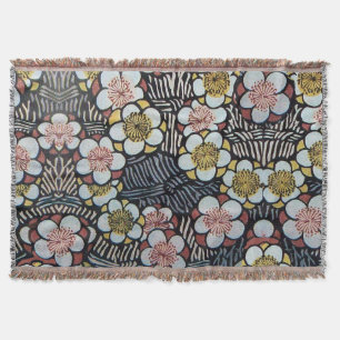 HAIKU/ BLACK WHITE PINK YELLOW SPRING FLOWERS THROW BLANKET