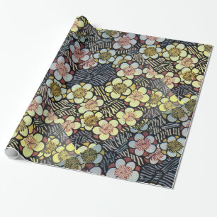 HAIKU/ BLACK WHITE PINK YELLOW SPRING FLOWERS WRAPPING PAPER