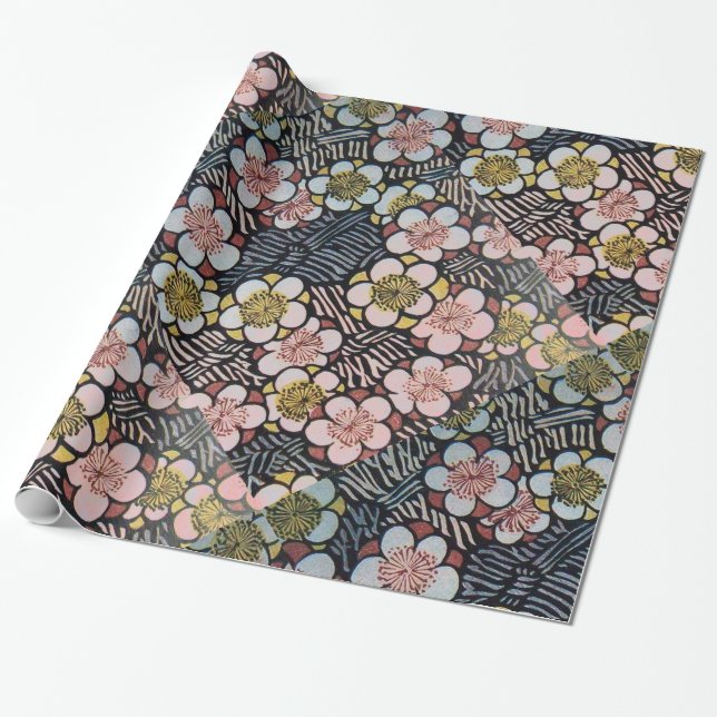 HAIKU/ BLACK WHITE PINK YELLOW SPRING FLOWERS WRAPPING PAPER (Unrolled)