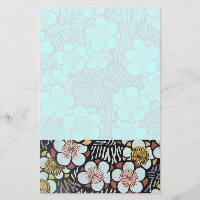HAIKU/ BLACK WHITE TEAL BLUE SPRING FLOWERS STATIONERY (Front)