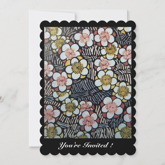 HAIKU/ BLACK WHITE YELLOW PINK SPRING FLOWERS INVITATION (Front)