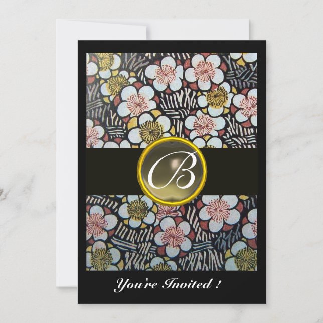 HAIKU /SPRING FLOWERS GREY AGATE GEM MONOGRAM INVITATION (Front)